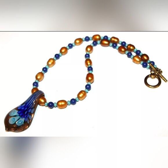 Semi Precious Gemstone & Pearl Beaded Necklace 17" Pendant 2" - Picture 1 of 3